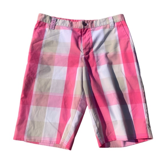 Adidas Men's Plaid Golf Shorts - Pink, White & Khaki - Size 32 - Picture 1 of 8